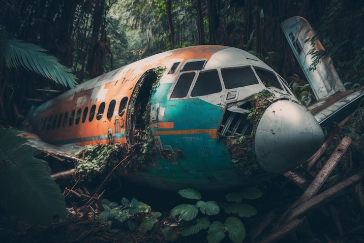 Foto avião abandonado na floresta estilo vintage generative ai