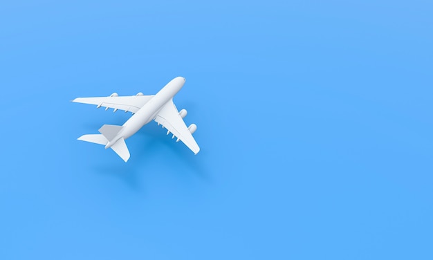Avião branco sobre fundo azul. Design plano. Com espaço de cópia. Renderização 3D.