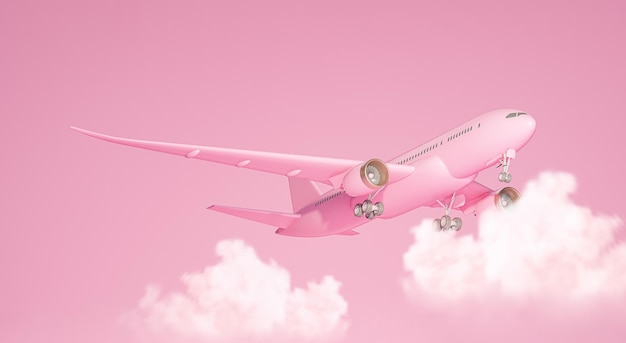 Avião com nuvem em fundo rosa pastel Conceito de companhia aérea passageiros de avião de viagens 3d render