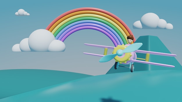 Avião com nuvens e montanha, 3d render conceito de viagens