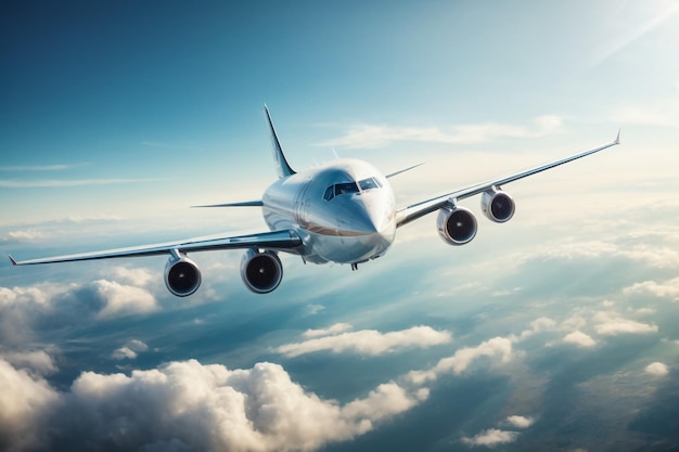 Foto avião comercial de passageiros com bandeira americana na cauda céu nublado azul ao fundo