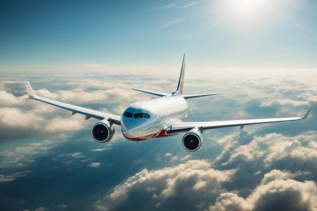 Foto avião comercial de passageiros com bandeira americana na cauda céu nublado azul ao fundo