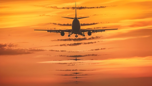 Avião comercial decolando para o céu colorido ao pôr-do-sol Paisagem