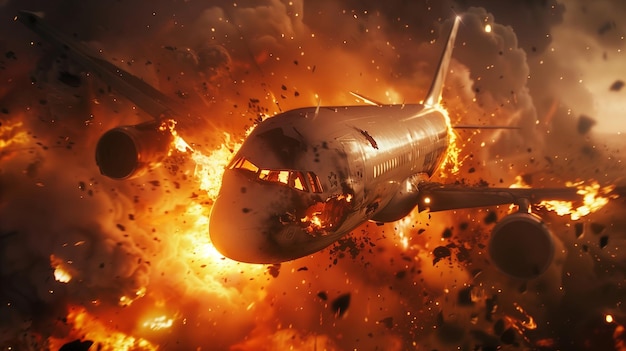 Avião comercial envolto em chamas durante uma catastrófica explosão no ar