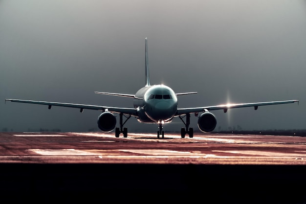 Avião comercial se preparando para a decolagem na vista frontal da pista