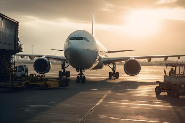 Avião comercial voando acima das nuvens ao pôr do sol