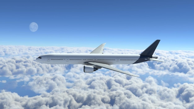 Avião comercial voando sobre nuvens com as costas da lua. Imagem 4K. Conceito de viagem e transporte rápido.