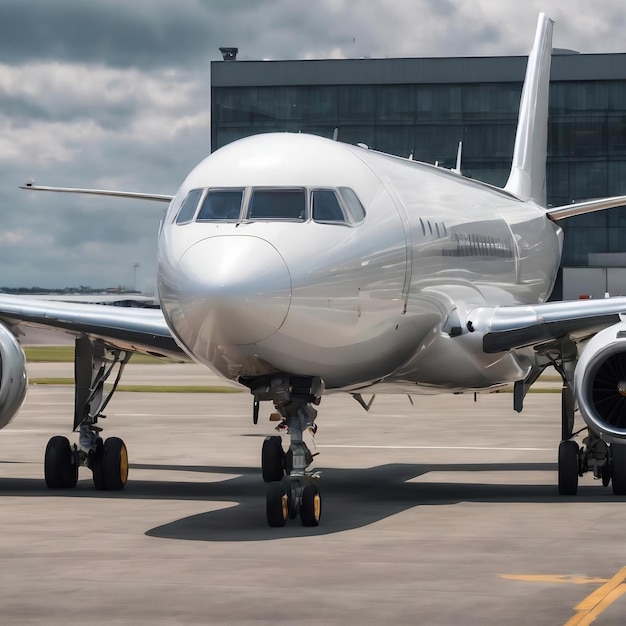 Avião corporativo branco moderno na plataforma do aeroporto em um dia nublado