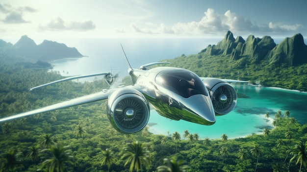 Avião de aparência futurista voando sobre uma ilha tropical com zero emissões de hidrogénio verde