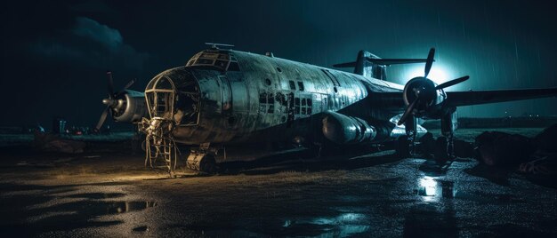 Avião de guerra militar pós-apocalipse paisagem widescreen foto de pôster adonado chuva noite verde