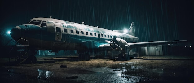Avião de guerra militar pós-apocalipse paisagem widescreen foto de pôster adonado chuva noite verde