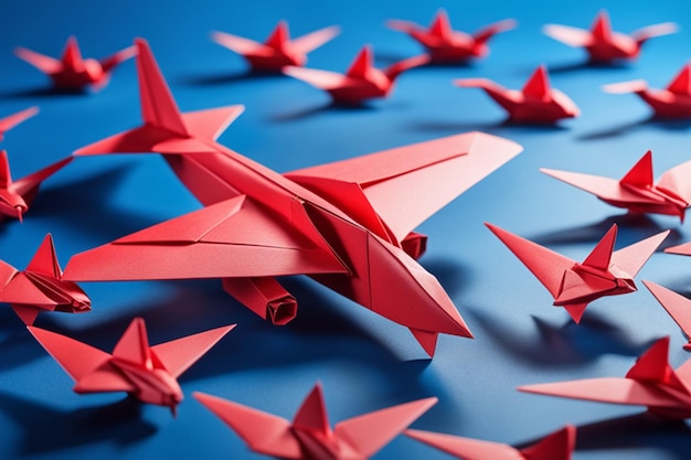 avião de origami de papel vermelho tem direção individual de aviões brancos exclusivos de maneira diferente