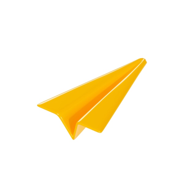 Avião de papel 3d render ícone de avião de origami amarelo de desenho animado para e-mail ou novo conceito de mensagem