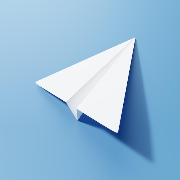 Avião de papel branco ícone bonito fundo azul renderização 3d