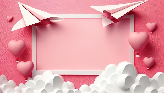 Avião de papel rosa e nuvens com fundo rosa