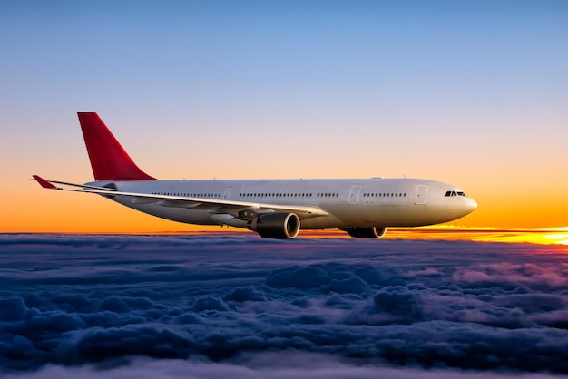 Avião de passageiros de corpo largo está voando no céu do amanhecer