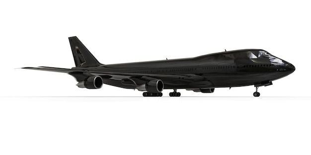 Avião de passageiros de grande porte para voos transatlânticos de longa duração. Avião preto sobre fundo branco isolado. Ilustração 3D.