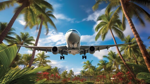 avião de passageiros decola de um aeródromo tropical exótico entre palmeiras, descanse no calor do turismo