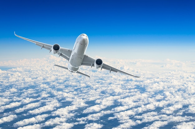 Avião de passageiros voa em um nível de vôo contra um fundo de nuvens e um céu azul.