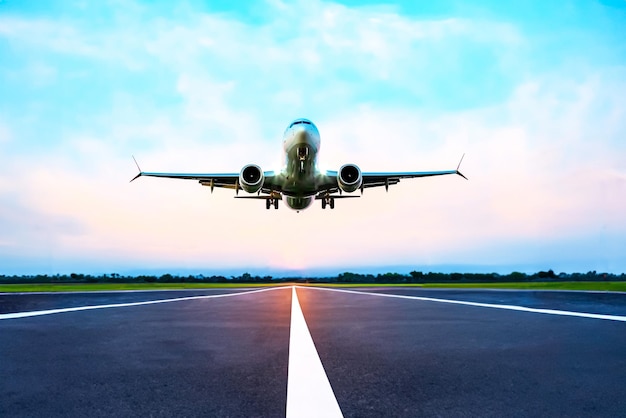 Foto avião de passageiros voa sobre a pista da indústria de transporte aéreo