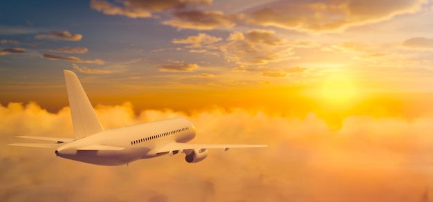 Avião de passageiros voando acima das nuvens durante o pôr do sol ilustração de renderização 3D