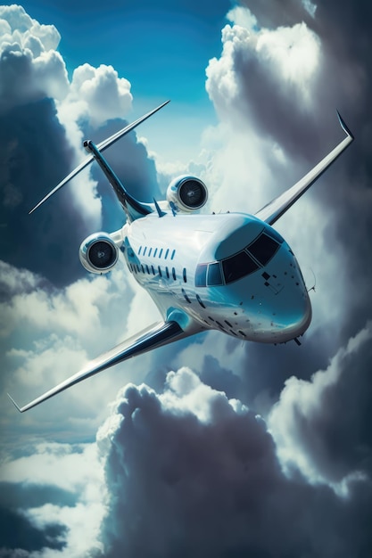 Avião de passageiros voando pelo céu nublado usando tecnologia de IA generativa