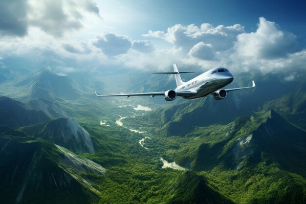 Foto avião de passageiros voando sobre o céu durante uma bela montanha criado com tecnologia de ia generativa