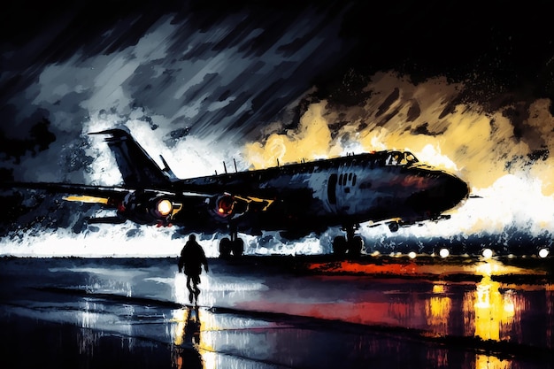 Avião decola à noite na pista desenhando com um pouco de aquarela generativa ai