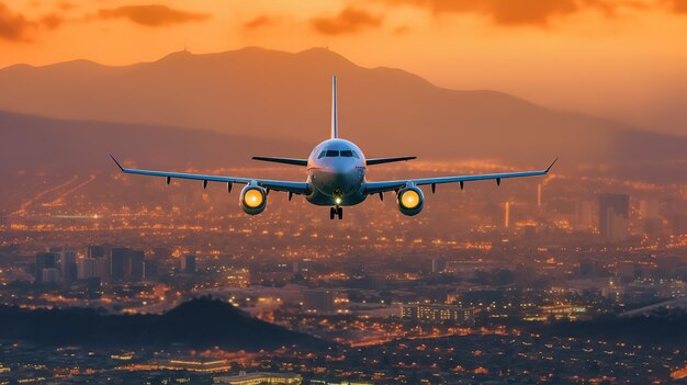 Avião decola sobre a paisagem panorâmica da cidade em Crepúsculo, simbolizando ambições crescentes