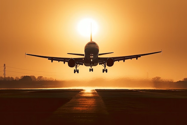 Avião decolando com o sol brilhando nas costas criado com IA generativa