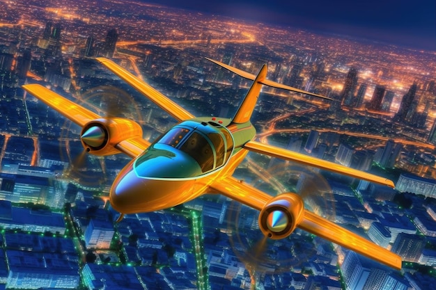 Avião elétrico voando sobre uma paisagem urbana futurista brilhante criada com IA gerativa