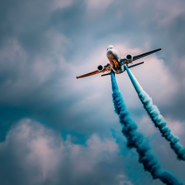 avião em fumaça azul