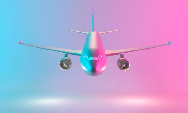 Avião em luz neon rosaazul renderização 3d estilo minimalista