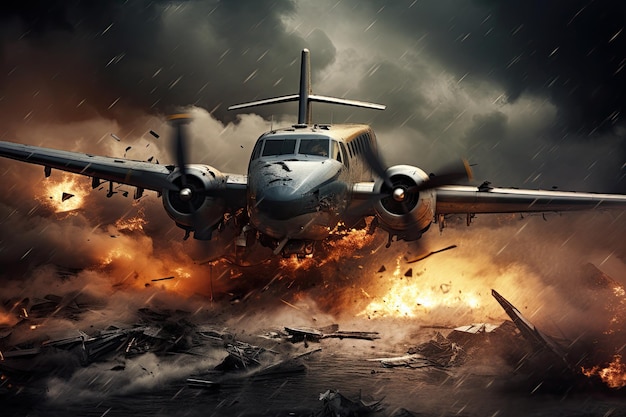 Avião em um céu tempestuoso Ilustração de renderização 3D Aviões militares caem em uma tempestade Gerada por IA
