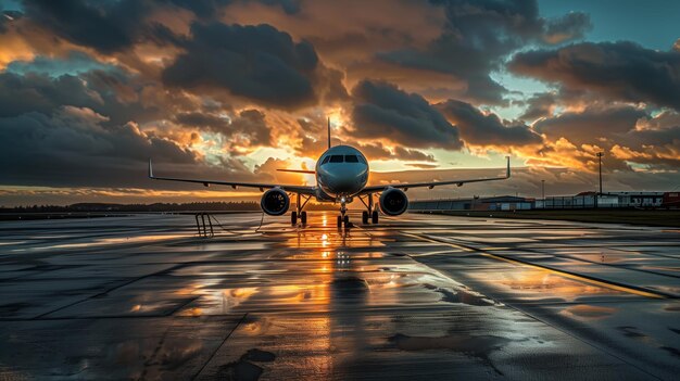 Avião estacionado na pista ao pôr-do-sol