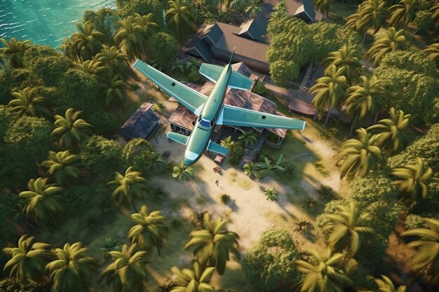 Avião leve de passageiros voa baixo sobre a selva e a praia tropical o avião está perdido na selva selvagem