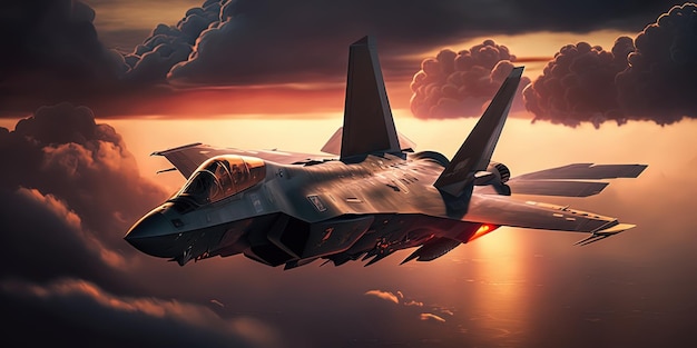 Avião militar F35 voando sobre o incrível pôr do sol AIGenerated