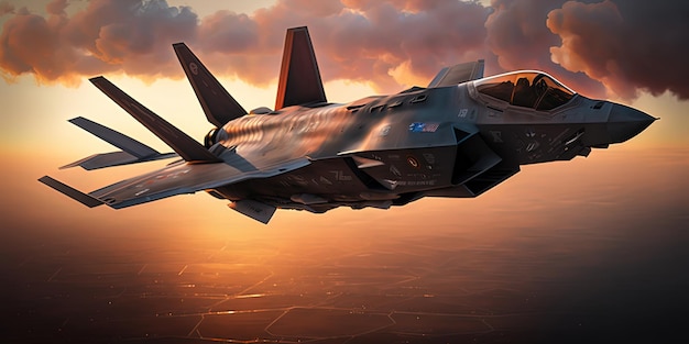 Avião militar F35 voando sobre o incrível pôr do sol AIGenerated