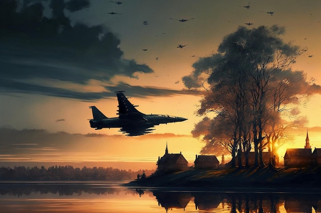 Avião militar voa alto sobre a cidade ao nascer do sol.