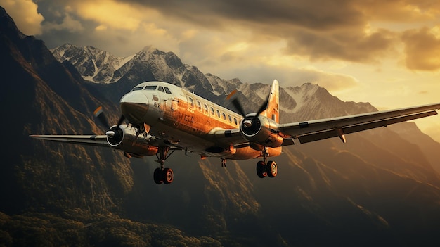 Avião militar voa em baixa altitude contra o fundo de montanhas e pôr-do-sol