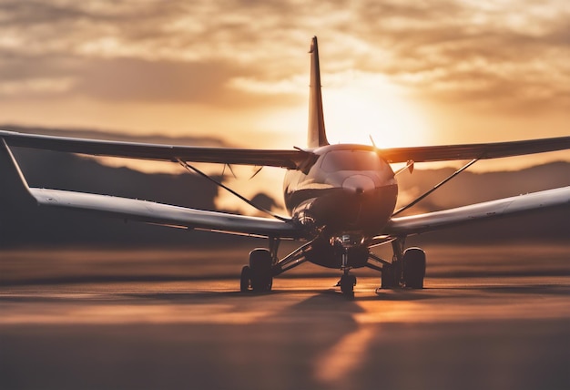 Foto avião na pista ao pôr do sol