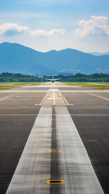 Avião na pista do aeroporto com montanhas ao fundo