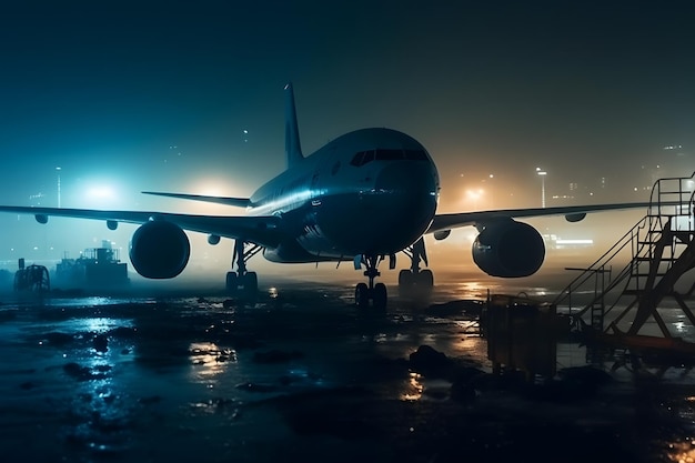 Avião no aeroporto à noite na chuva rede neural ai gerada