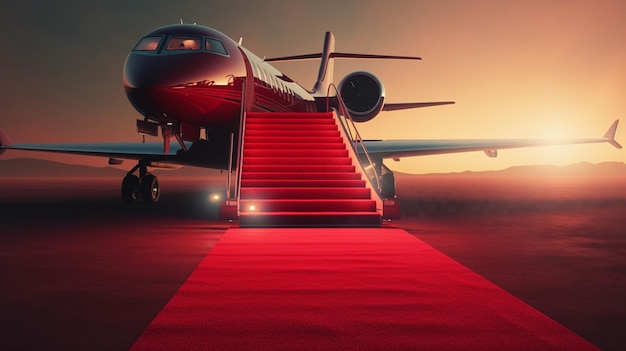 Avião no aeroporto com tapete vermelho e escadas Generative Ai