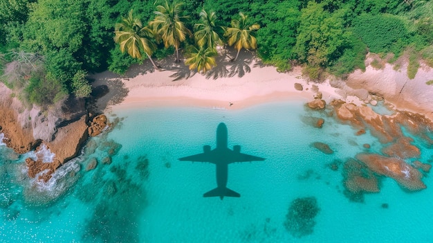 Avião refletido nas águas turquesas de uma praia paradisíaca com areia branca e palmeiras