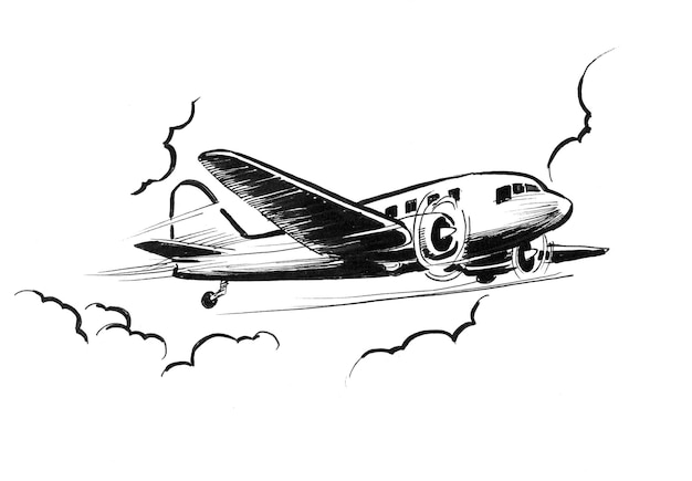 Avião retrô voando. Desenho de tinta preto e branco