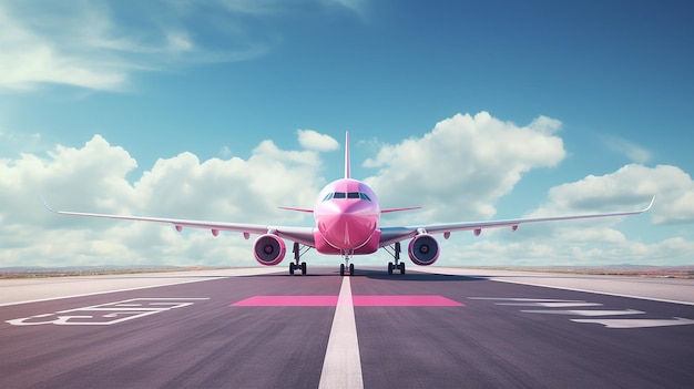 Avião rosa 3d decolando da pista de pouso vista frontal estilo mínimo renderização 3d