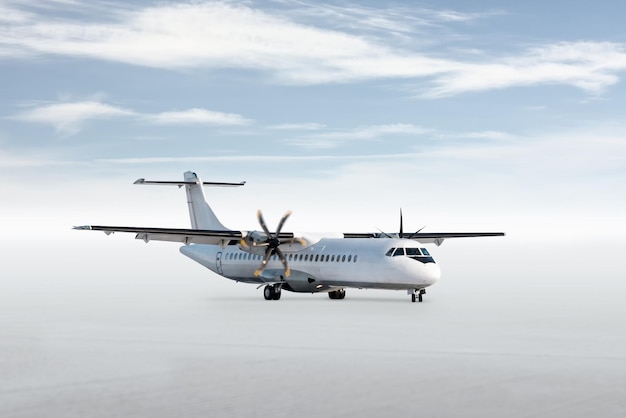 Foto avião turboélice branco de passageiros taxando isolado em fundo brilhante com céu