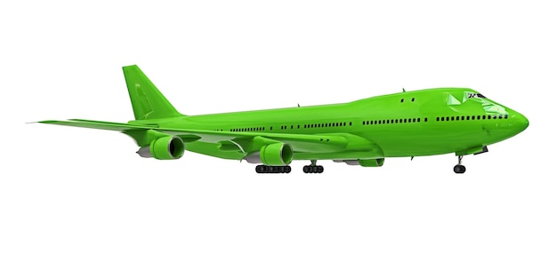 Avião verde sobre fundo branco isolado Grandes aeronaves de passageiros de grande capacidade para longos voos transatlânticos ilustração 3d