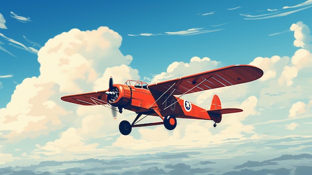 Avião vintage vermelho voando na arte digital do céu azul